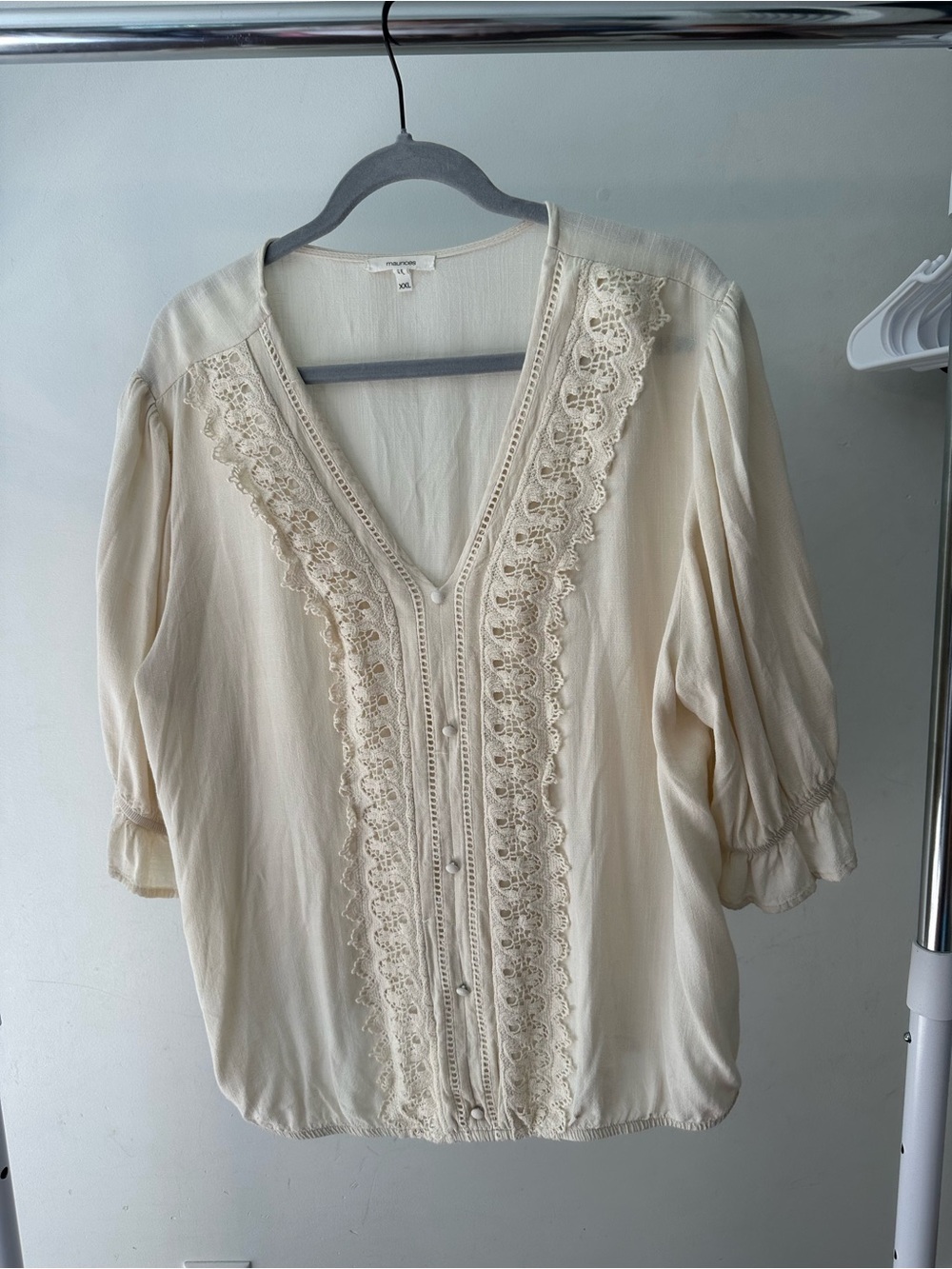 Maurices Cream V-Neck Lace-Trim Peasant Blouse